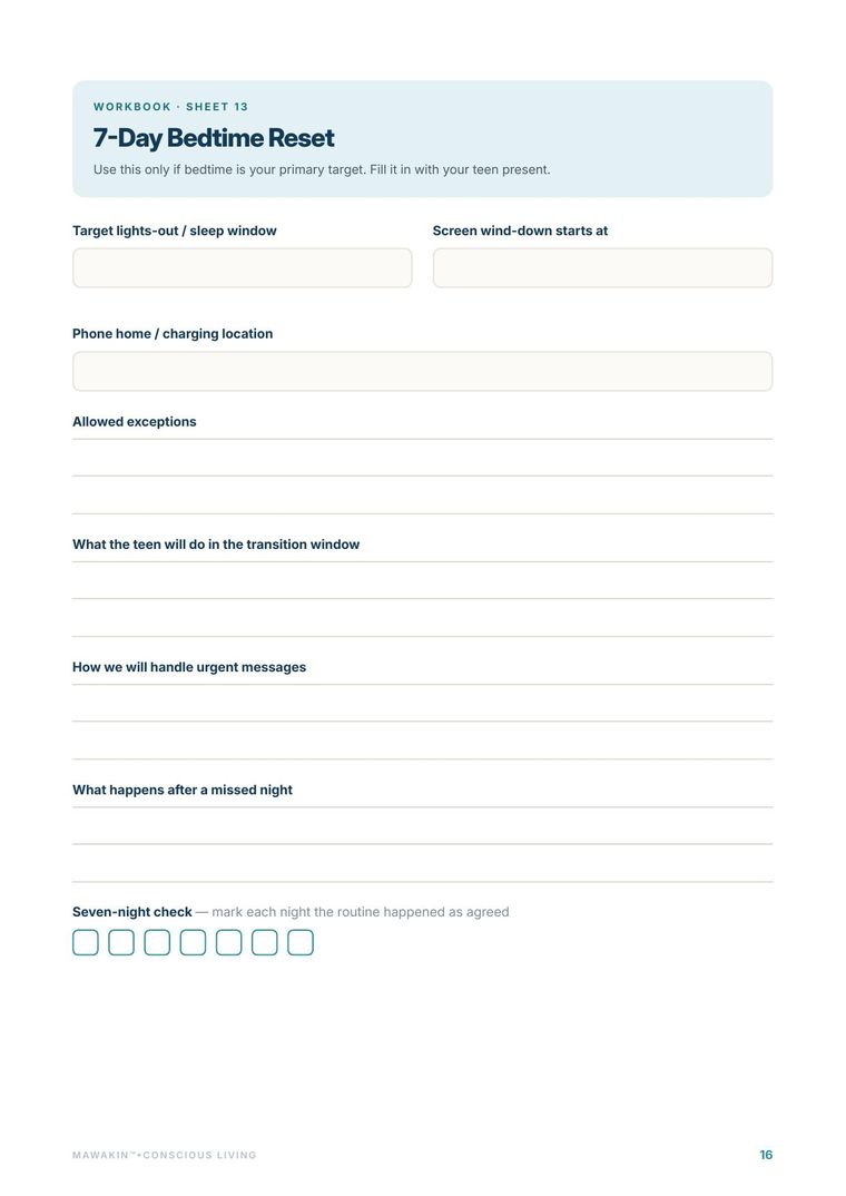 7-Day Bedtime Reset worksheet — real page from the system