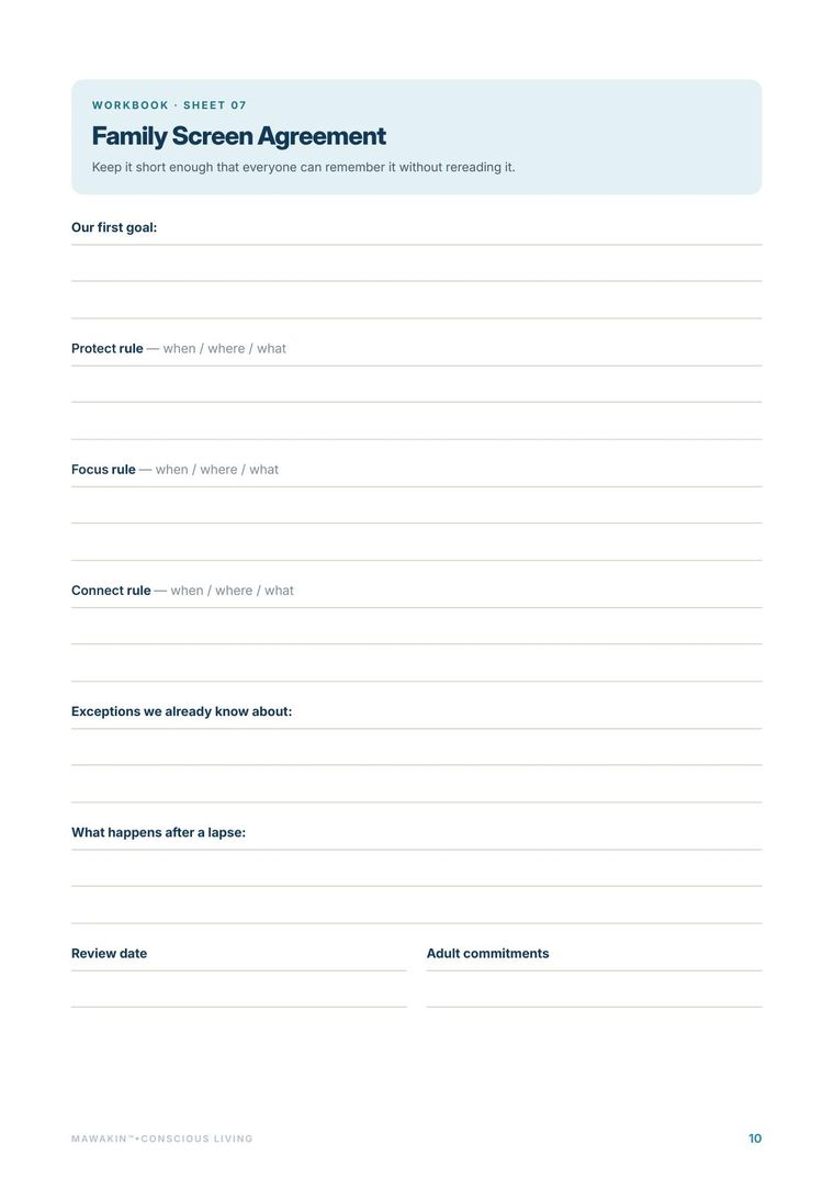 Family Screen Agreement worksheet — real page from the system