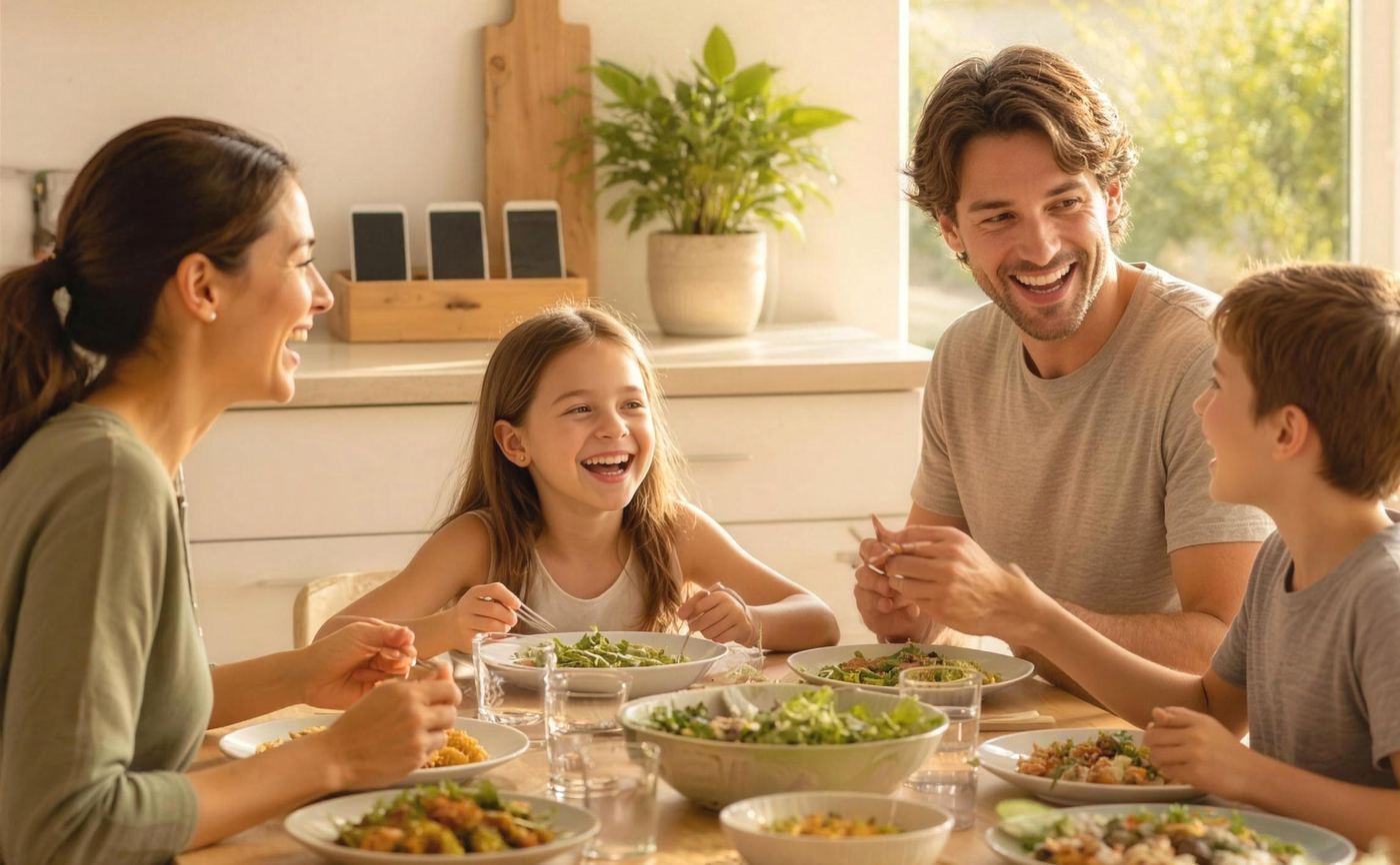 A family sharing a relaxed meal together with phones set aside