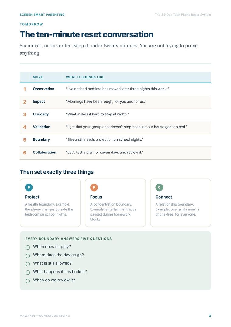 Parent–Teen Script Library — real page from the Screen Smart Parenting™ system