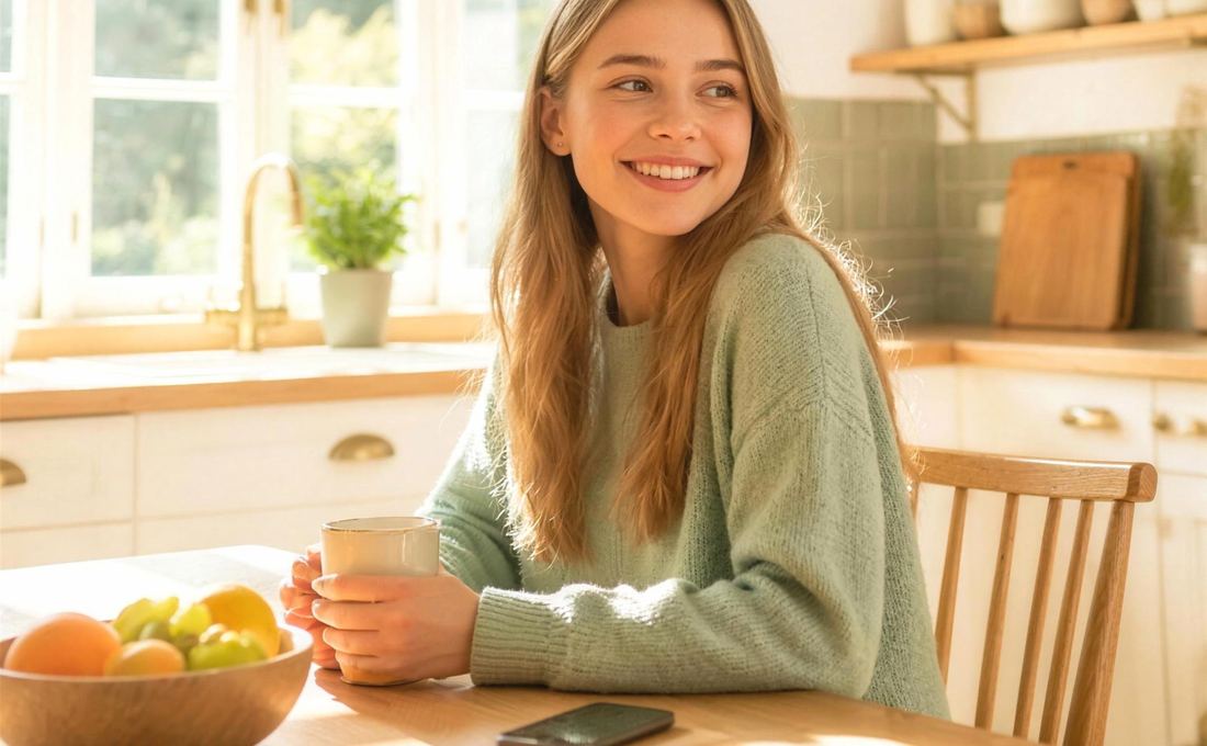 A teenager at a kitchen table in morning light