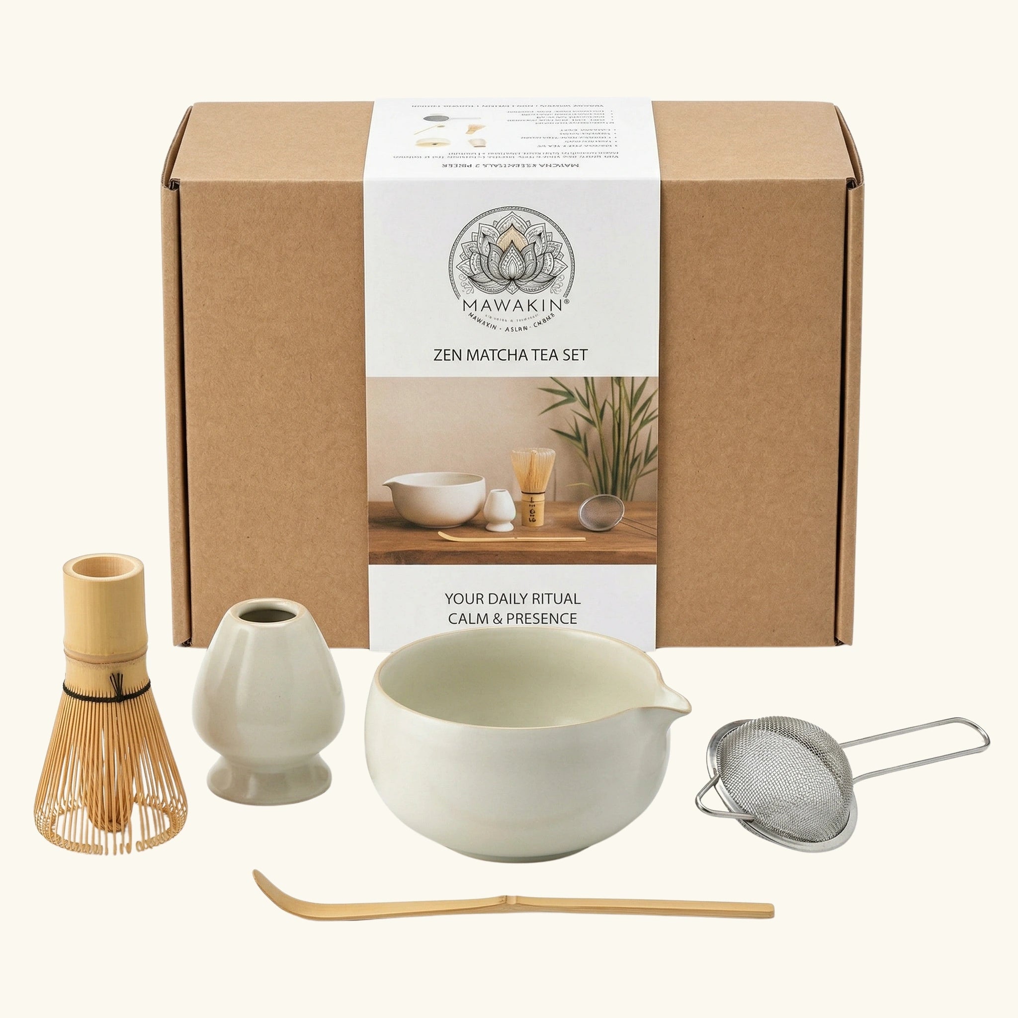 MAWAKIN Off-White Zen Matcha Tea Set with gift box and five matcha tools