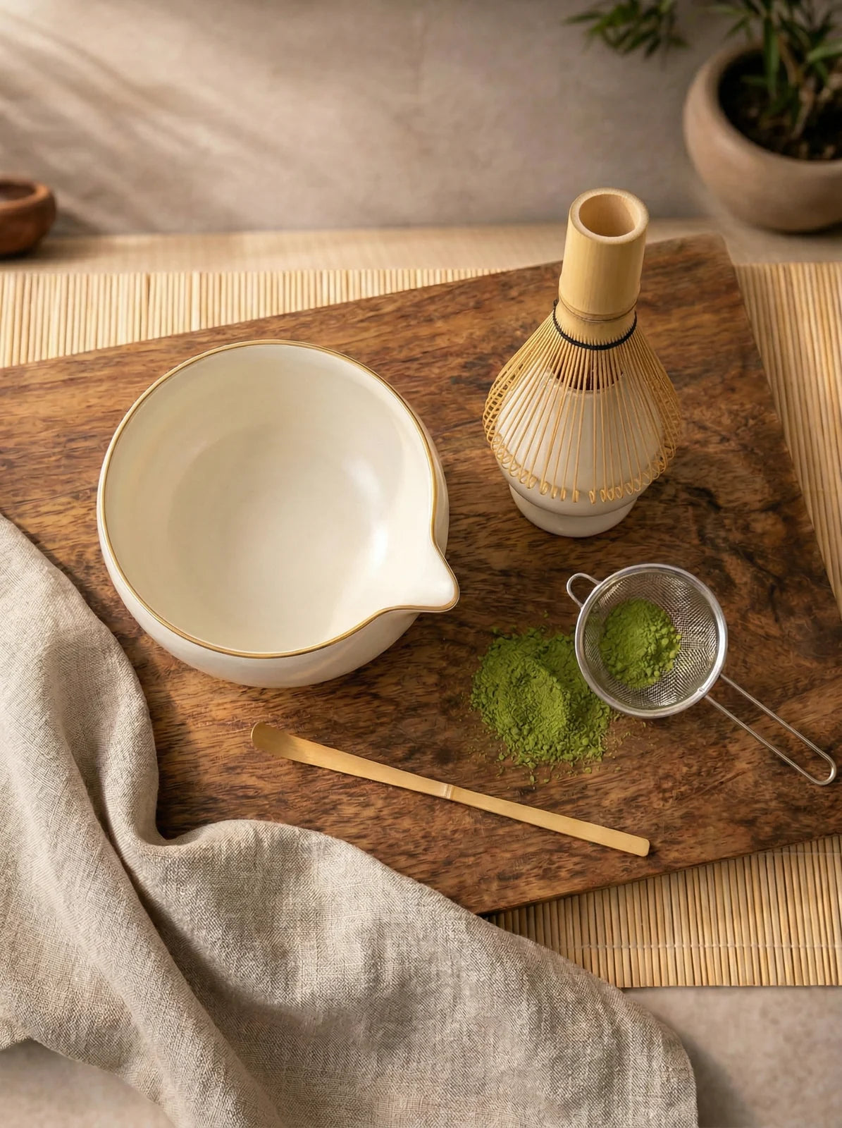 MAWAKIN matcha kit tools arranged with bowl, whisk, holder, scoop, sifter and matcha powder