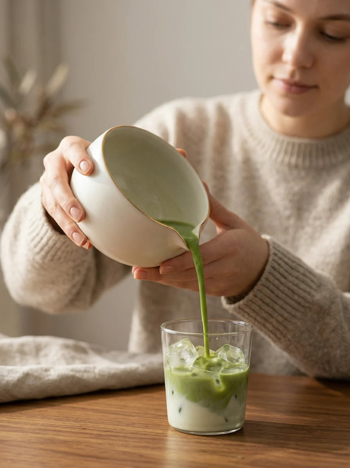 Iced matcha latte being poured from the MAWAKIN bowl
