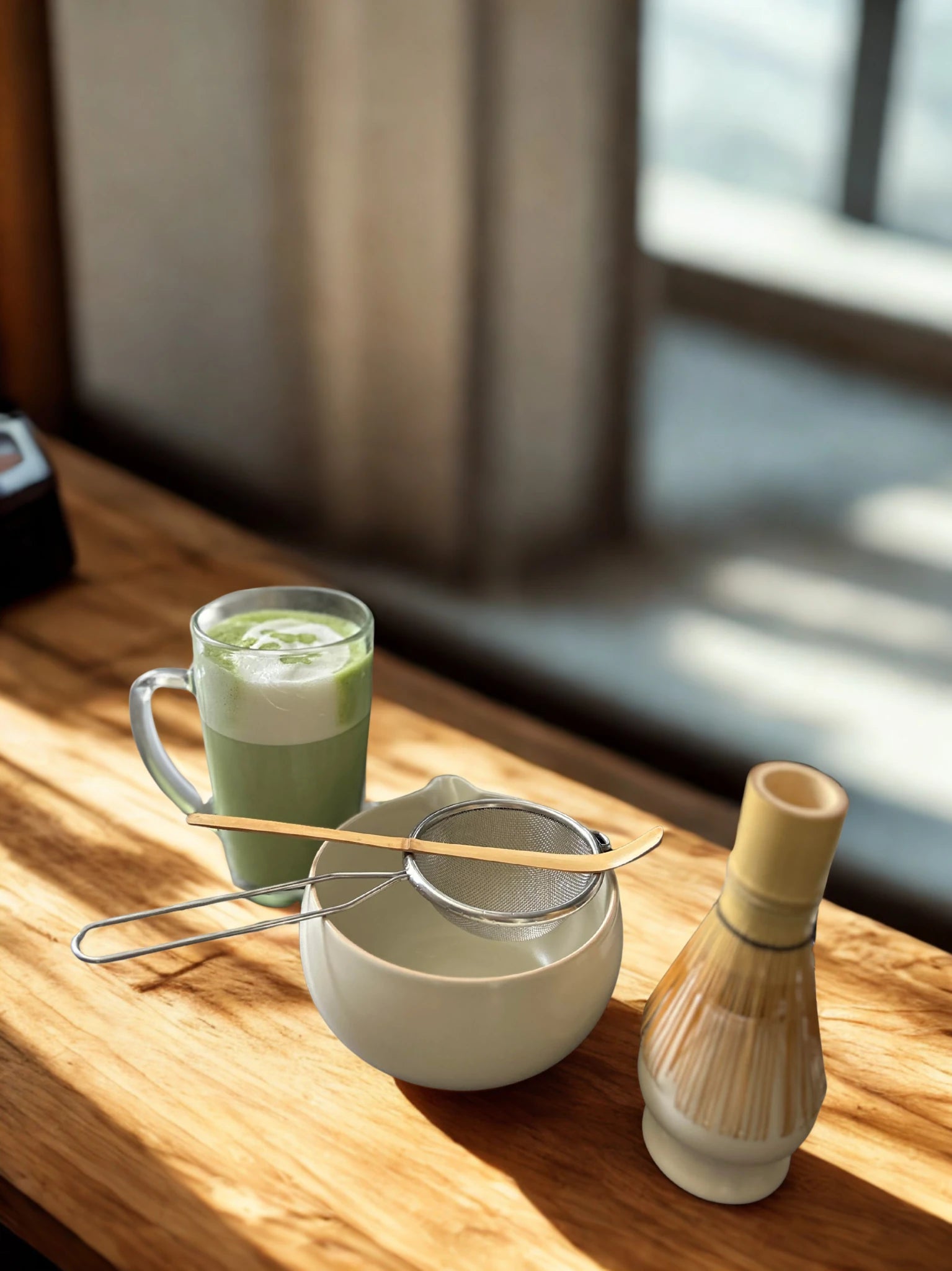 Real-life setup of the MAWAKIN Off-White matcha kit with a finished matcha drink in natural light