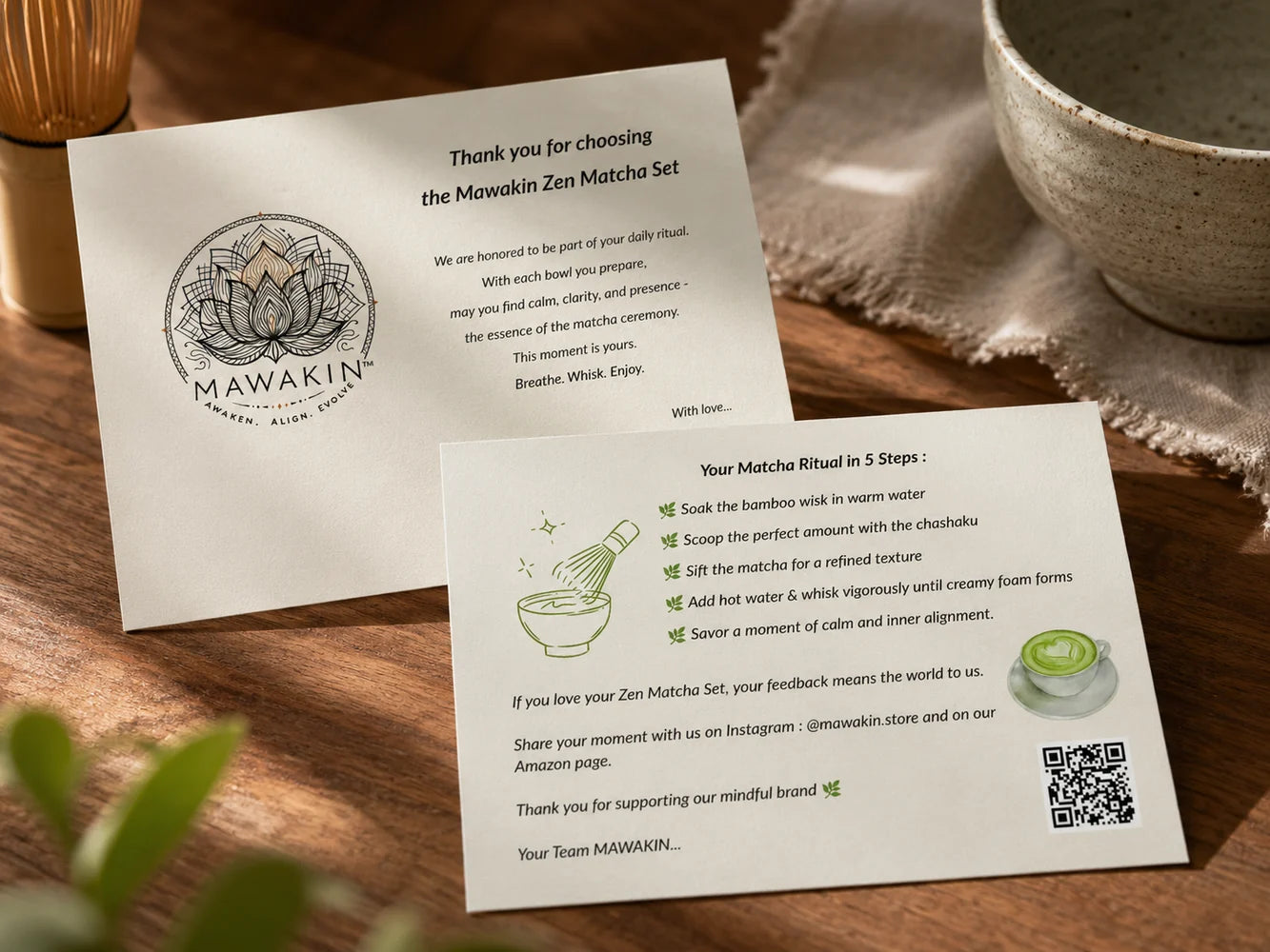 MAWAKIN thank-you card and matcha ritual card