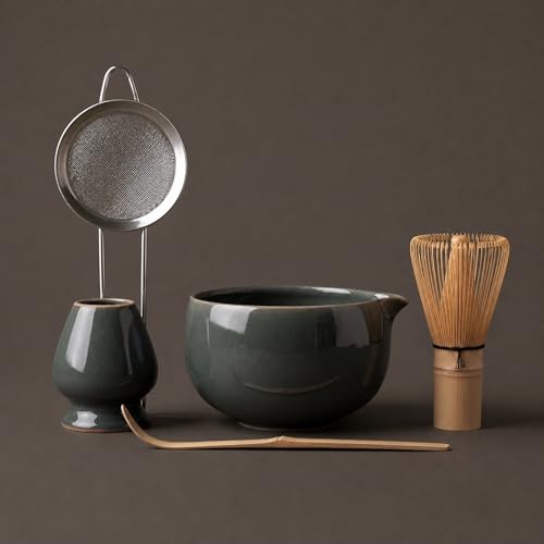 Mawakin Matcha Ritual Kit in green: ceramic bowl with pouring spout, bamboo whisk, stainless steel sifter, bamboo scoop and ceramic whisk holder.