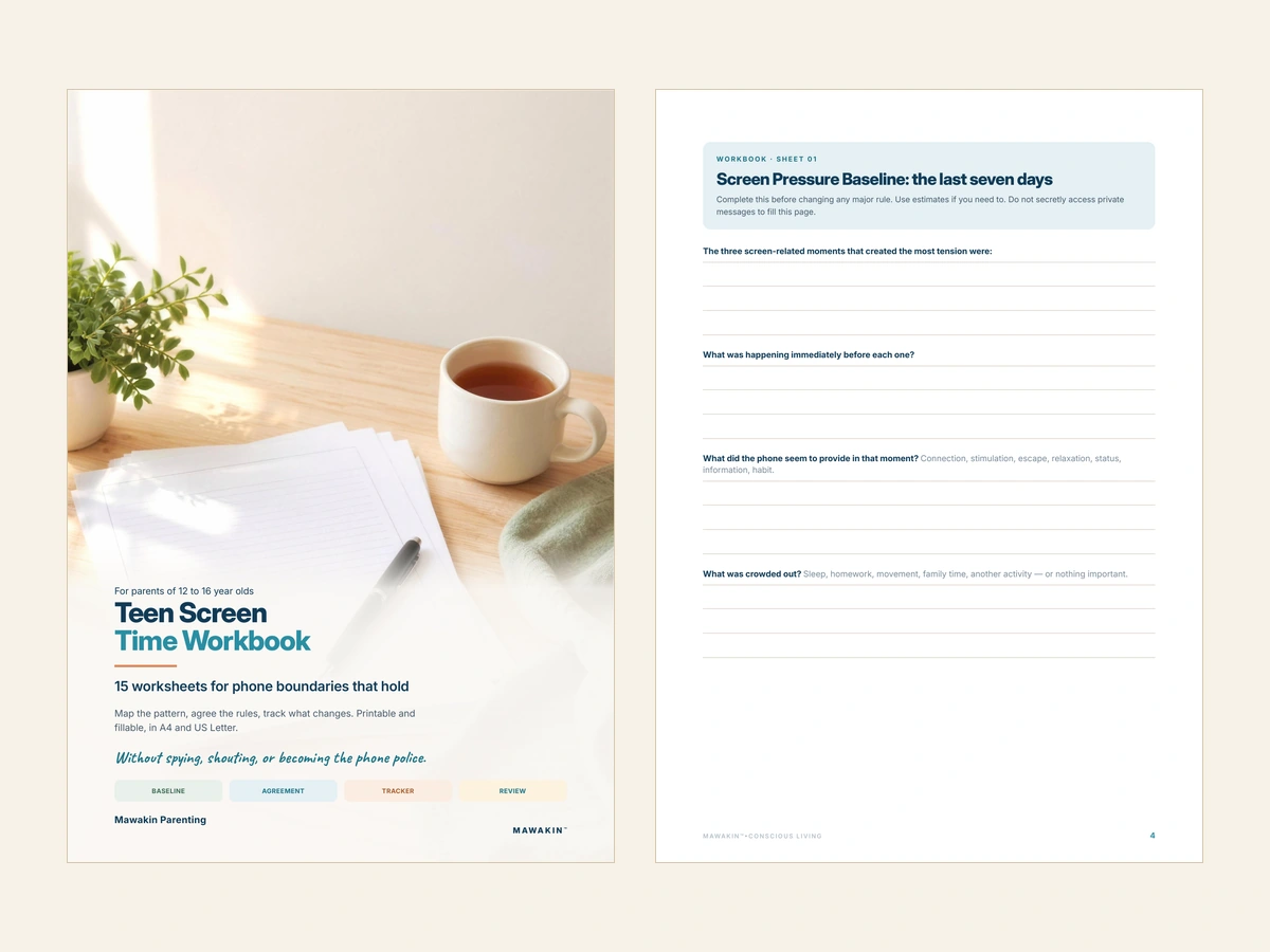 Teen Screen Time Workbook: cover and Screen Pressure Baseline worksheet preview